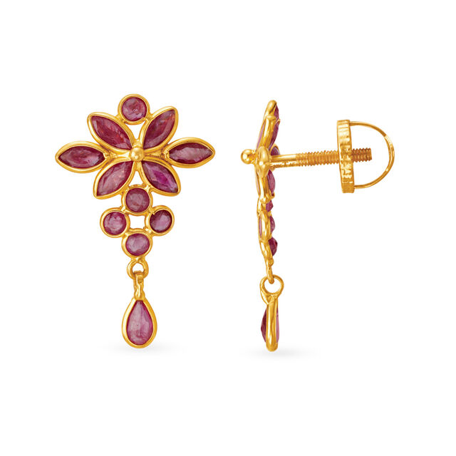 Graceful 22 Karat Gold And Ruby Floral Drop Earrings,,hi-res