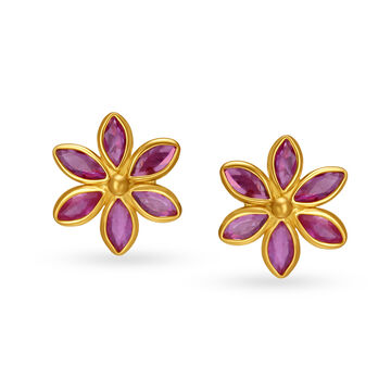 Radiant 22 Karat Yellow Gold And Diamond And Ruby Floral Studs