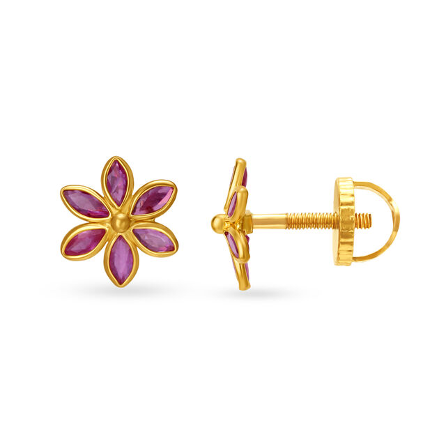 Radiant 22 Karat Yellow Gold And Diamond And Ruby Floral Studs