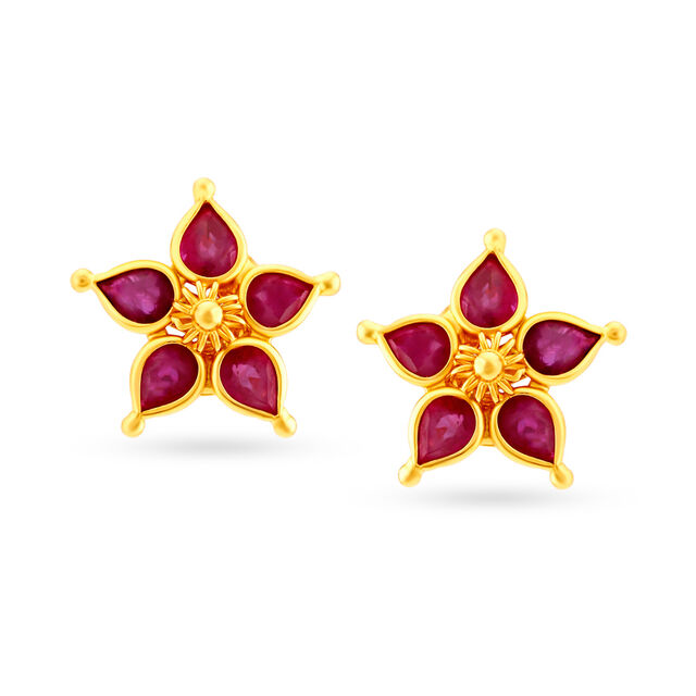 Exquisite 22 Karat Gold And Ruby Floral Stud Earrings