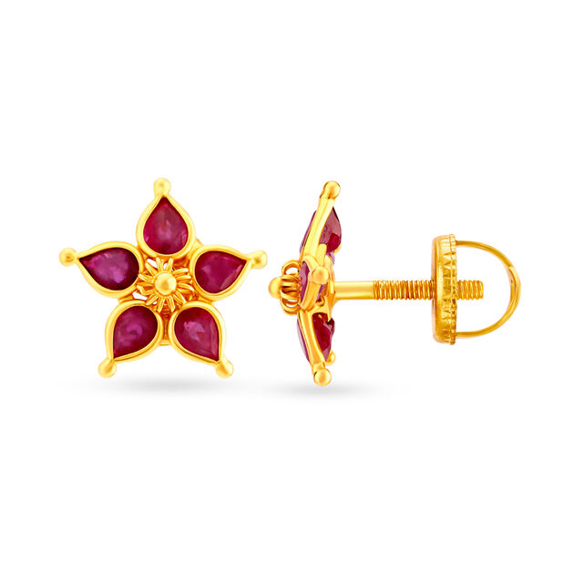 Exquisite 22 Karat Gold And Ruby Floral Stud Earrings