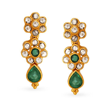 Floral Motif Emerald Gold Drop Earrings