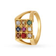 Vibrant 22 Karat Yellow Gold And Multi Stone Square Finger Ring With Diamond Stud,,hi-res 