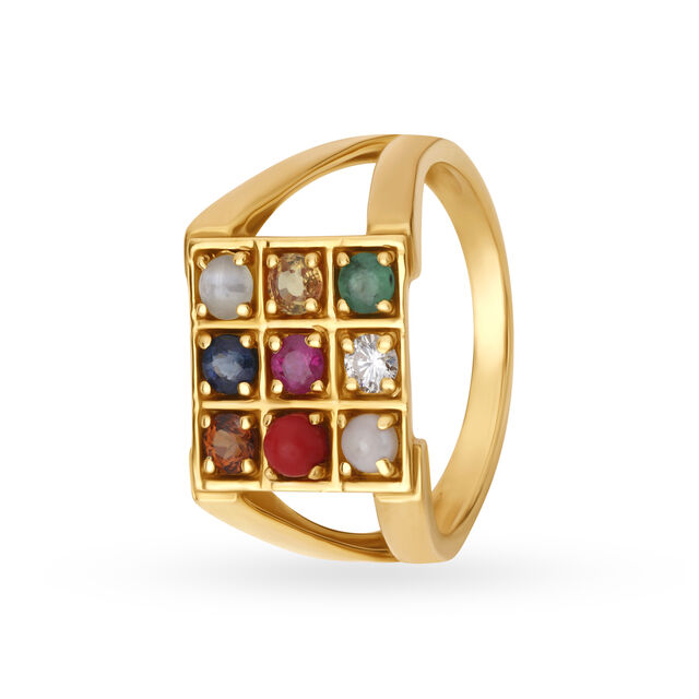 Vibrant 22 Karat Yellow Gold And Multi Stone Square Finger Ring With Diamond Stud,,hi-res 