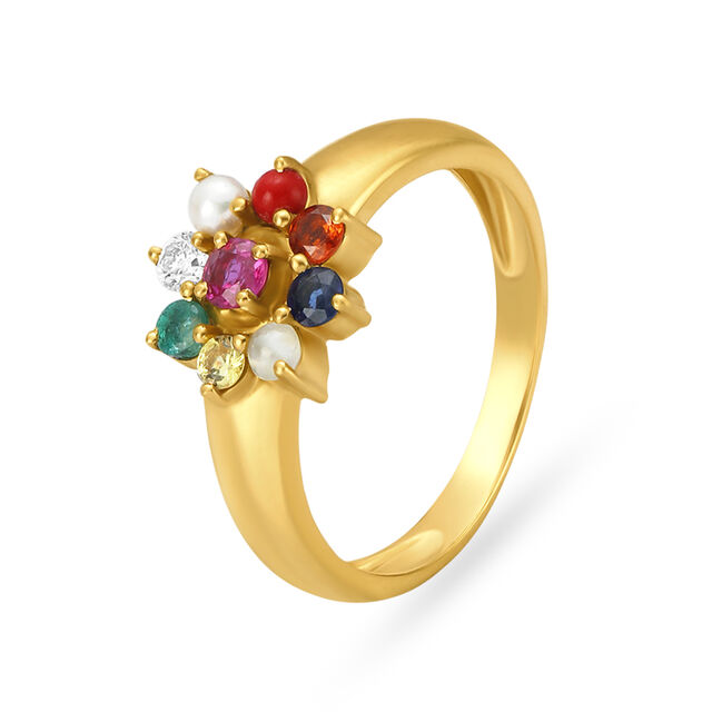 Vibrant Floral Gold Finger Ring with precious stones,,hi-res