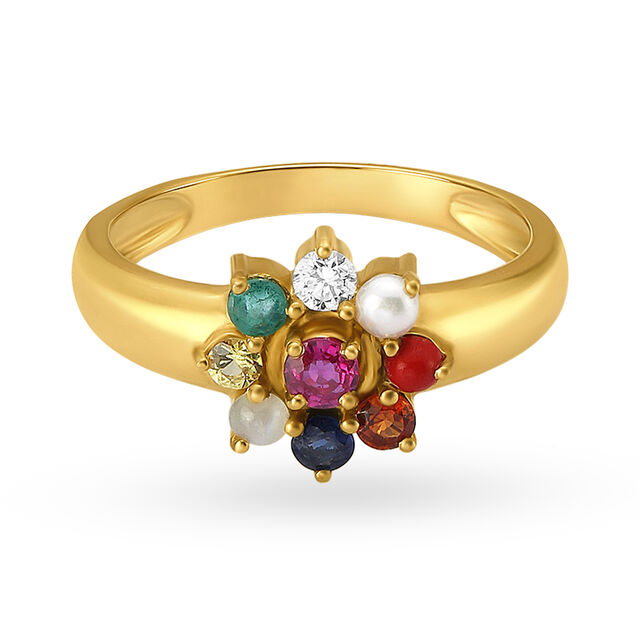 Vibrant Floral Gold Finger Ring with precious stones,,hi-res