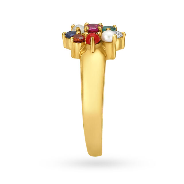 Vibrant Floral Gold Finger Ring with precious stones,,hi-res