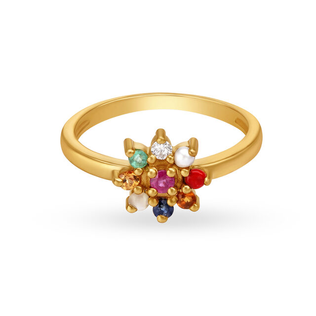 Oh-So-Pretty 22 Karat Yellow Gold Multi Stone Floral Finger Ring,,hi-res