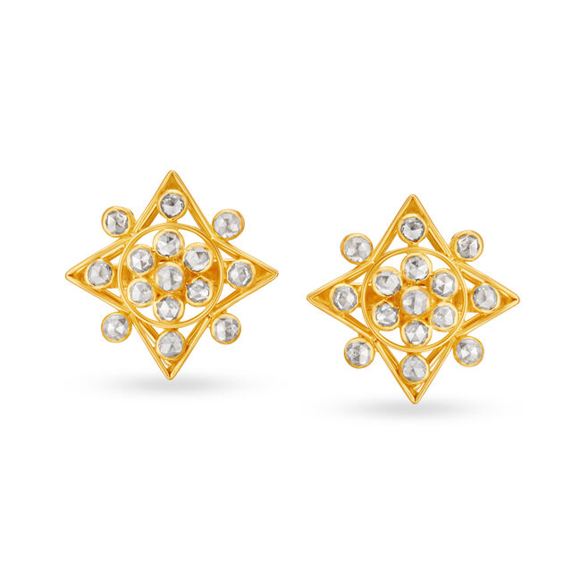 Sparkling 22 Karat Yellow Gold And Polki Diamond Rhomboid Studs,,hi-res 