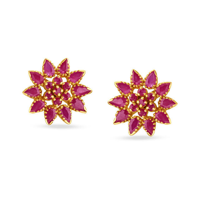 Exquisite Floral Ruby Gold Stud Earrings 2