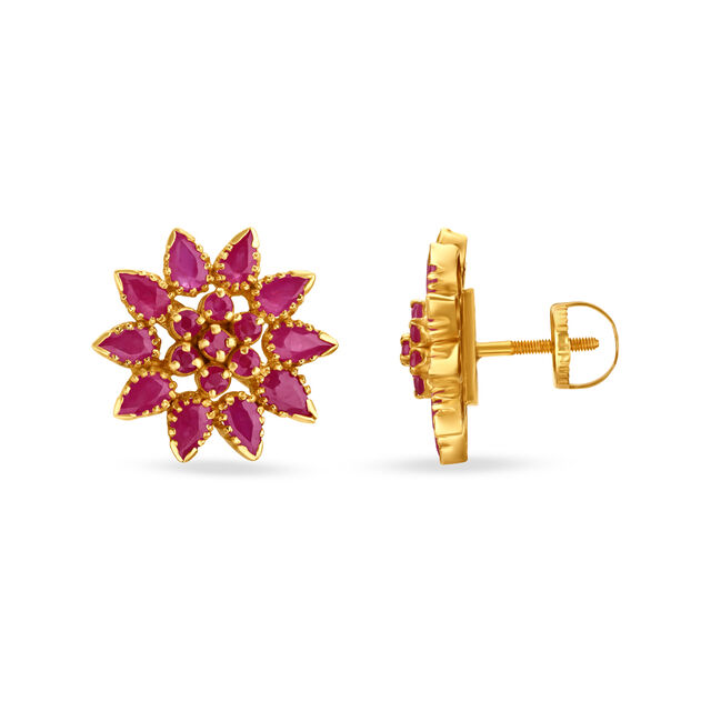 Exquisite Floral Ruby Gold Stud Earrings 4