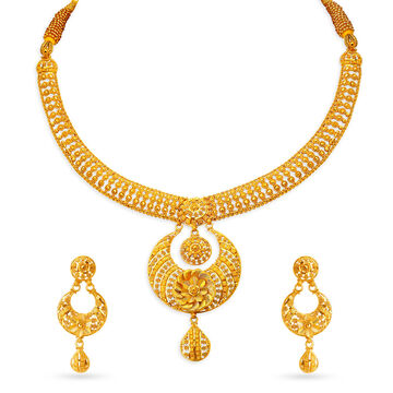 Scintillating 22 Karat Yellow Gold Floral Bead Necklace And Earrings Set