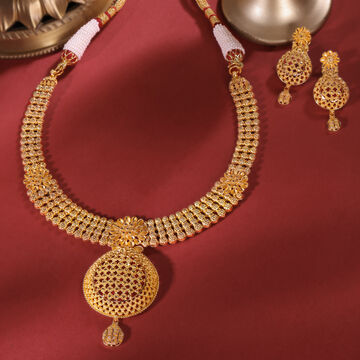 Glittering 22 Karat Yellow Gold Beaded Teardrop Necklace And Earrings Set