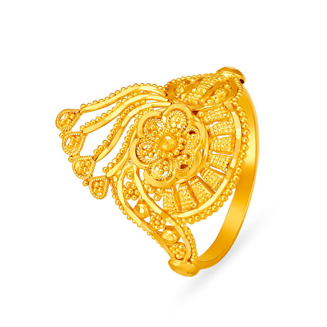 Royal 22 Karat Yellow Gold Ornate Floral Finger Ring,,hi-res