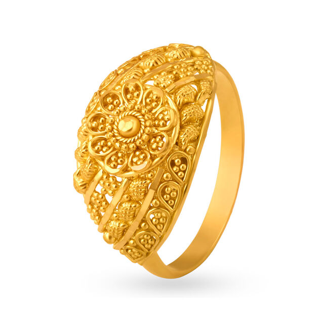 Intricate 22 Karat Yellow Gold Floral Beaded Ring