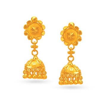 Striking 22 Karat Yellow Gold Dainty Floral Jhumka Earrings
