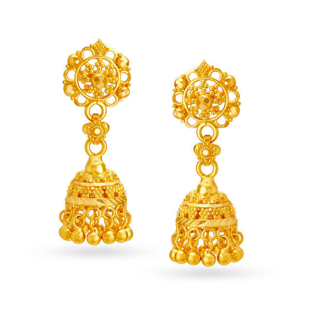 Beautiful 22 Karat Yellow Gold Flower Beaded Jhumkas,,hi-res
