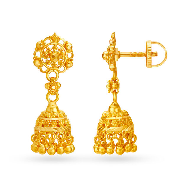 Beautiful 22 Karat Yellow Gold Flower Beaded Jhumkas,,hi-res