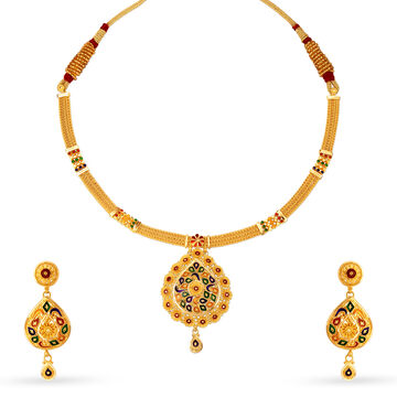 Radiant 22 Karat Yellow Gold Floral Teardrop Necklace And Earrings Set