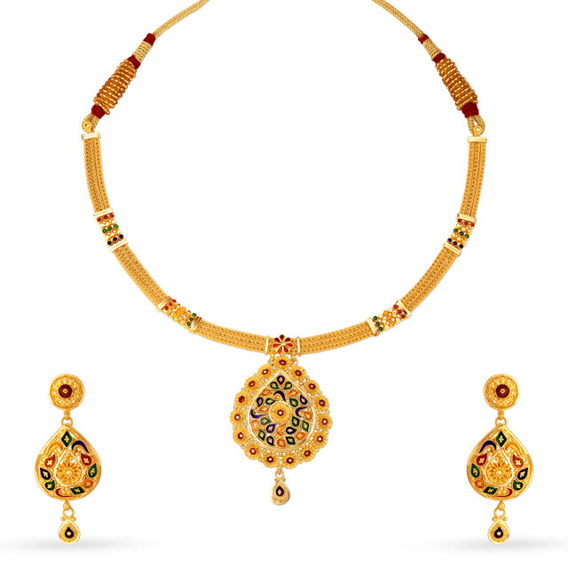 Radiant 22 Karat Yellow Gold Floral Teardrop Necklace And Earrings Set 