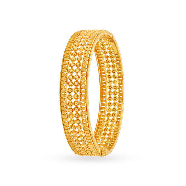 Classical 22 Karat Yellow Gold Floral Bead Bangle