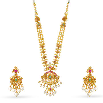 Palatial Peacock Motif Gold Necklace Set With Emerald