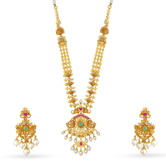 Palatial Peacock Motif Gold Necklace Set With Emerald