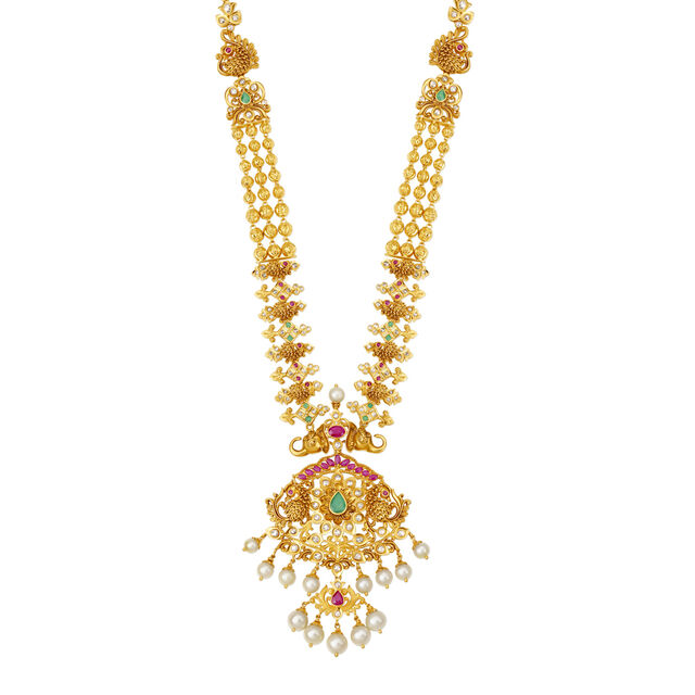 Palatial Peacock Motif Gold Necklace Set With Emerald