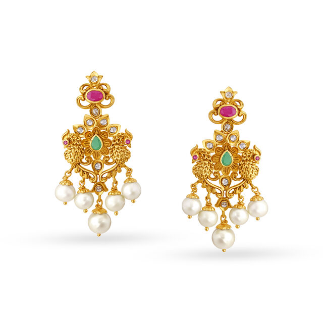 Palatial Peacock Motif Gold Necklace Set With Emerald