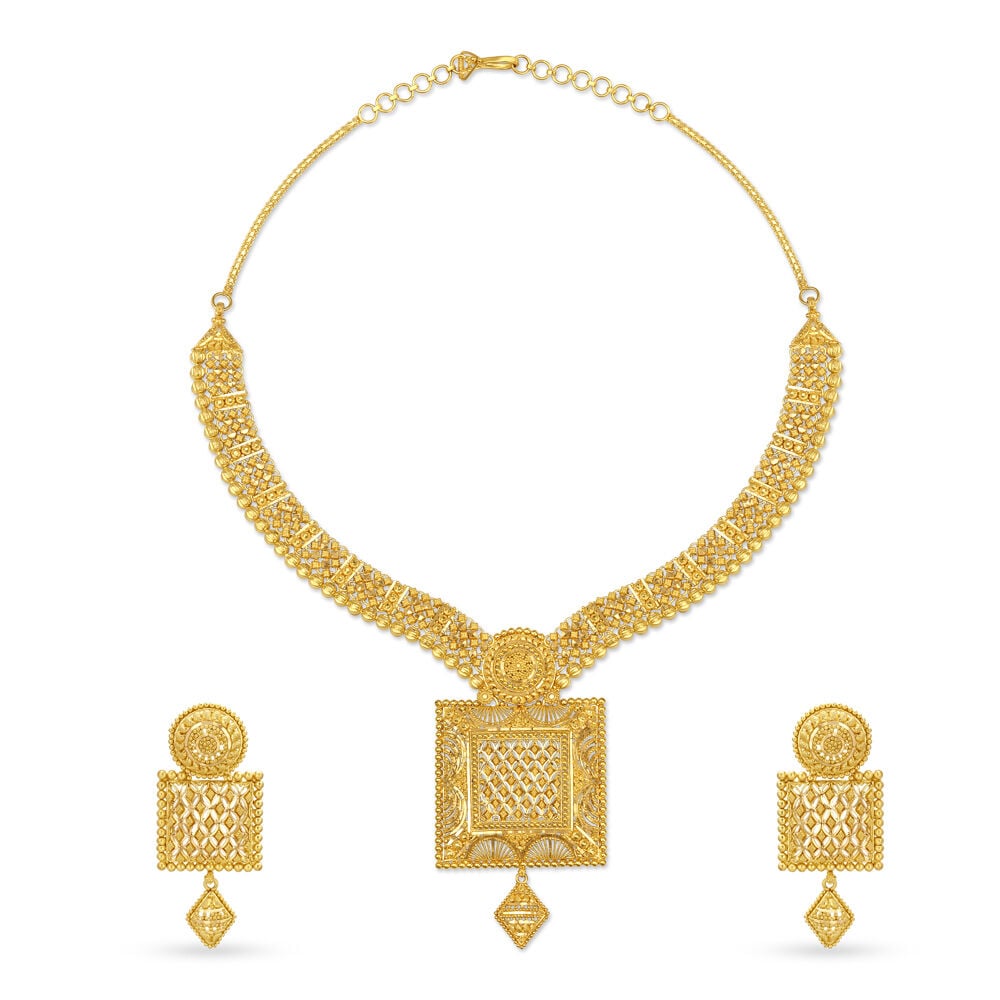 Buy Dazzling 22 Karat Yellow Gold Beaded Frame Necklace And Earrings Set at Best Price Tanishq US