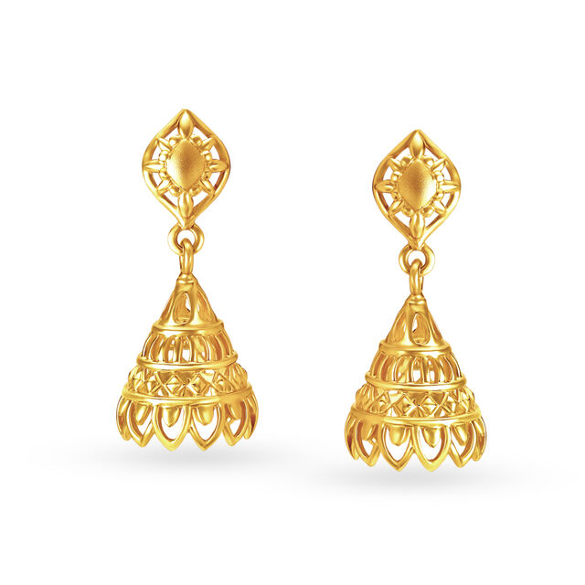Radiant 22 Karat Yellow Gold Floral Mesh Jhumka Earrings 