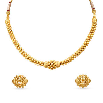 Striking Yellow Gold Beaded Necklace and Earrings Set