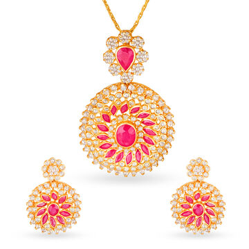 Floral Motif Ruby Gold Pendant And Earrings Set