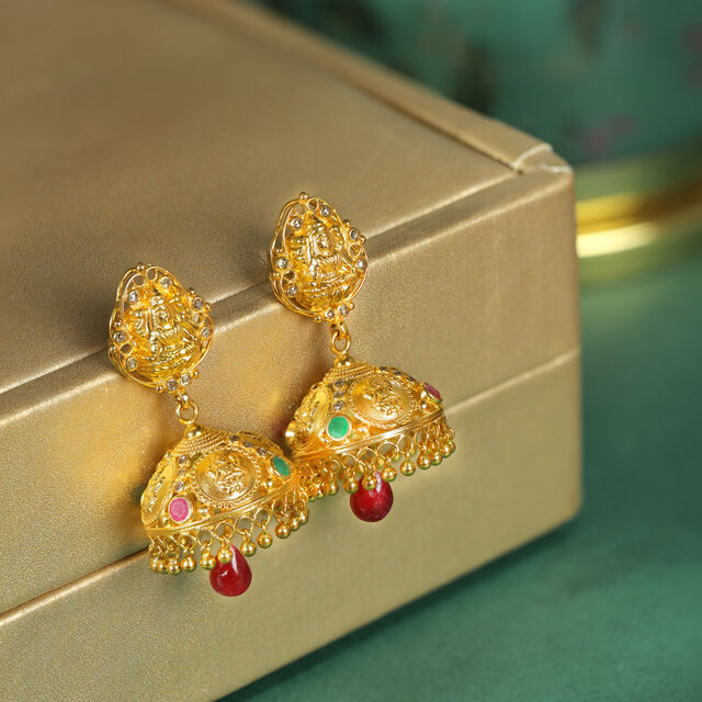 Lakshmi Motif Emerald And Ruby Gold Drop Earrings,,hi-res 