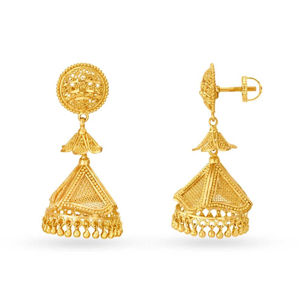Regal 22 Karat Yellow Gold Textured 3D Triangle Jhumkas