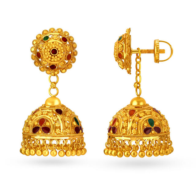 Exuberant Traditional Meenakari Gold Jhumkas,,hi-res 2