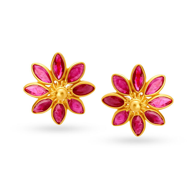 Enchanting 22 Karat Gold And Ruby Floral Stud Earrings 