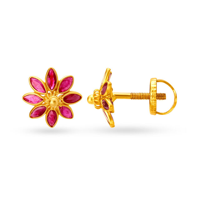 Enchanting 22 Karat Gold And Ruby Floral Stud Earrings 2
