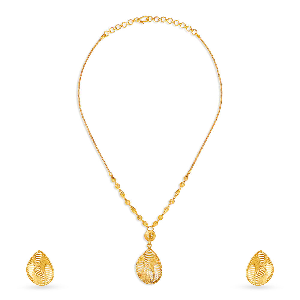 Buy Glimmering Yellow Gold Teardrop Necklace and Earrings Set at Best Price Tanishq UAE