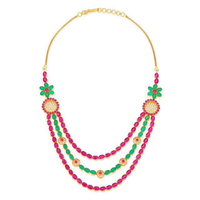 Triple Layer Floral Motif Emerald And Ruby Gold Necklace,,hi-res 