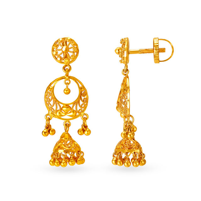 Chand Bali Inspired Gold Jhumka Style Earrings with Jali Work,,hi-res 2