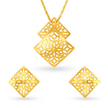 Geometeic Mesh Gold Pendant and Earrings Set
