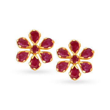 Floral 22 Karat Gold And Ruby Stud Earrings