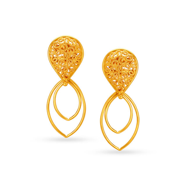 Sophisticated 22 Karat Yellow Gold Jali-Work Drop Earrings 