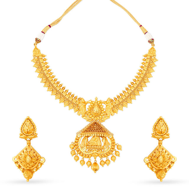 Whimsical 22 Karat Yellow Gold Carved Diorama Necklace And Earrings Set,,hi-res 