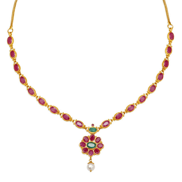 Floral Motif Emerald Ruby And Pearl Gold Necklace 2