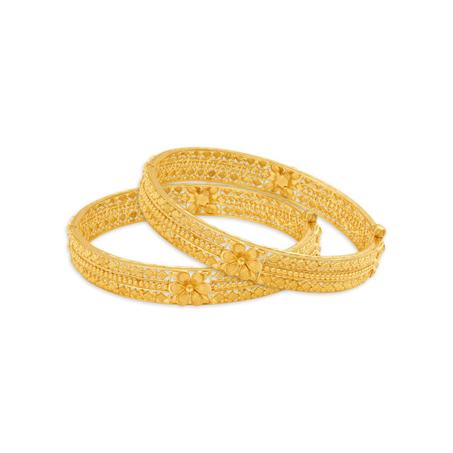Shining 22 Karat Yellow Gold Beaded Floral Bangle,,hi-res