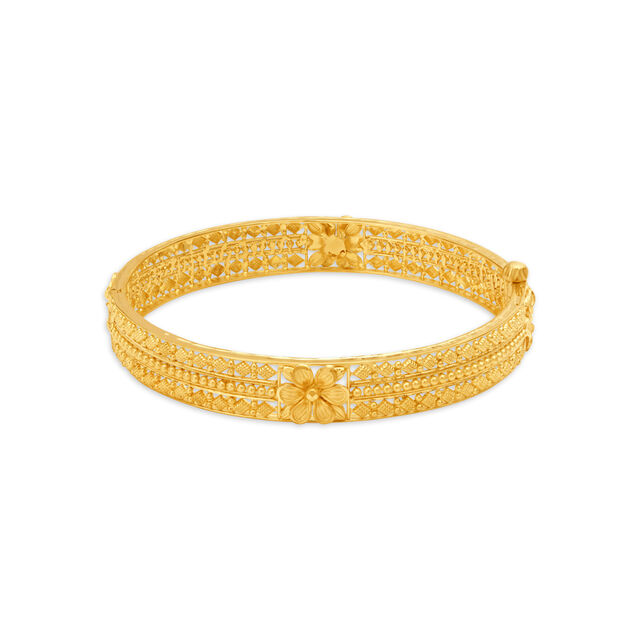Shining 22 Karat Yellow Gold Beaded Floral Bangle,,hi-res