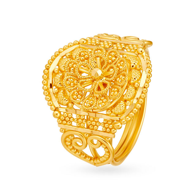 Ornate 22 Karat Yellow Gold Beaded Floral Finger Ring
