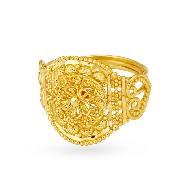 Ornate 22 Karat Yellow Gold Beaded Floral Finger Ring